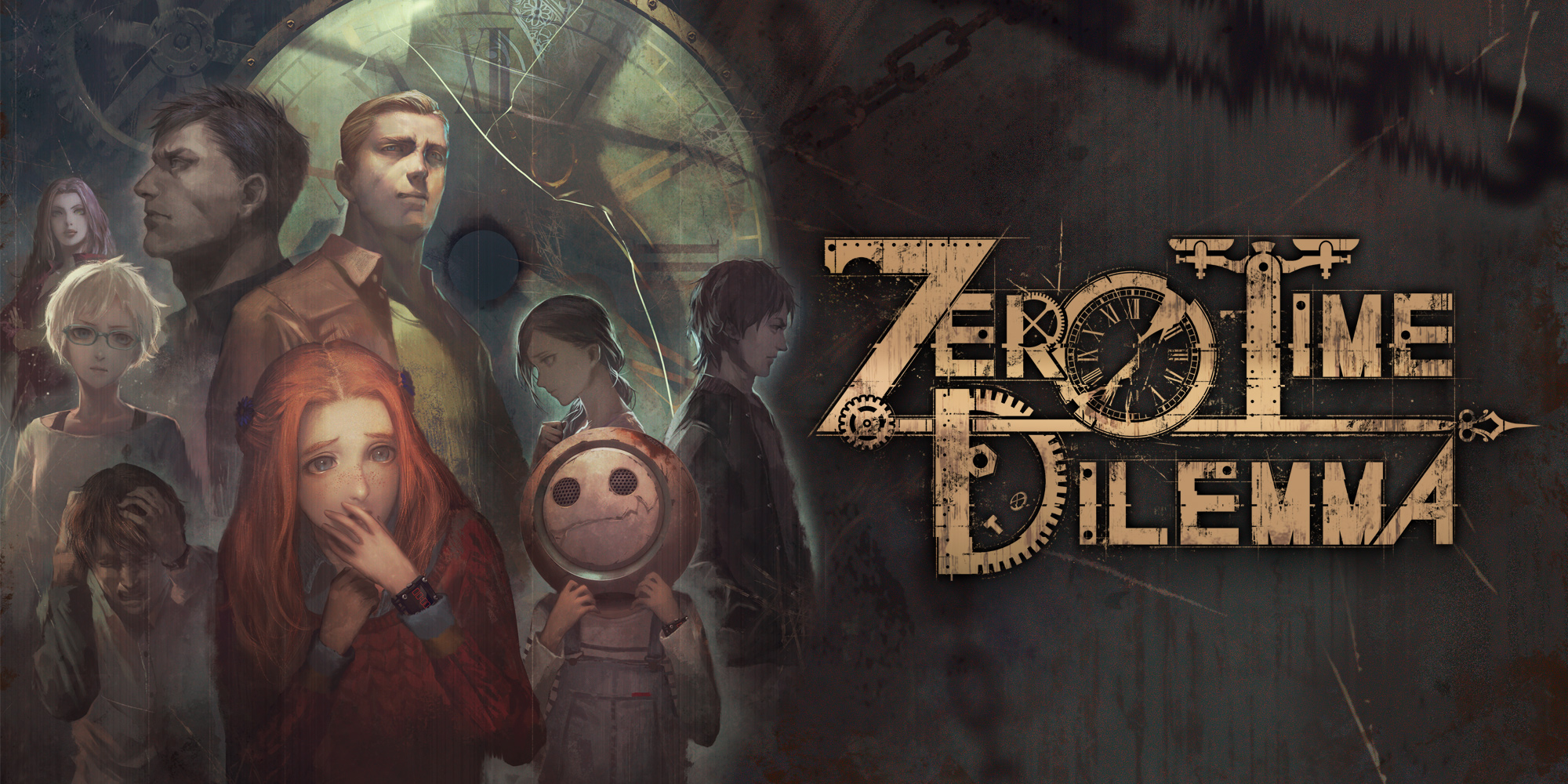 promotional art for Zero Escape: Zero Time Dilemma. it features the game title and the cast of the 9 players of the decision game, with a clock and the shadow of the antagonist, Zero, in the background